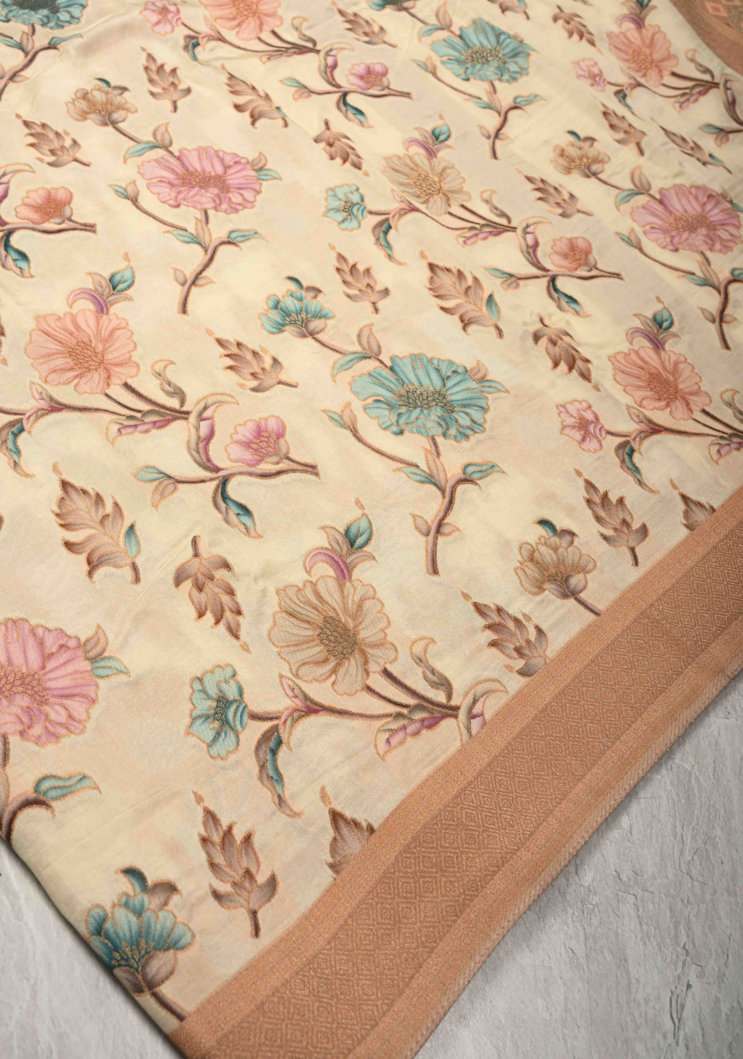 Off White Viscose Saree with Meenakari Floral Jaal and Zari Border