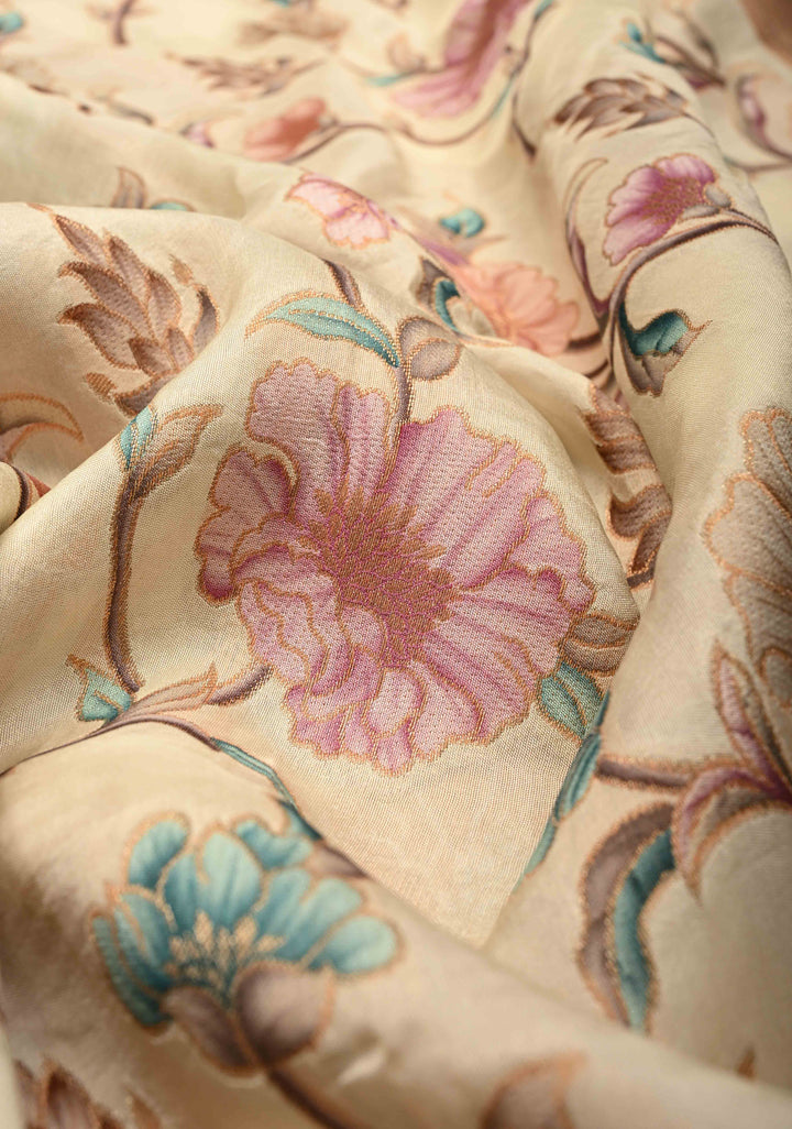 Off White Viscose Saree with Meenakari Floral Jaal and Zari Border