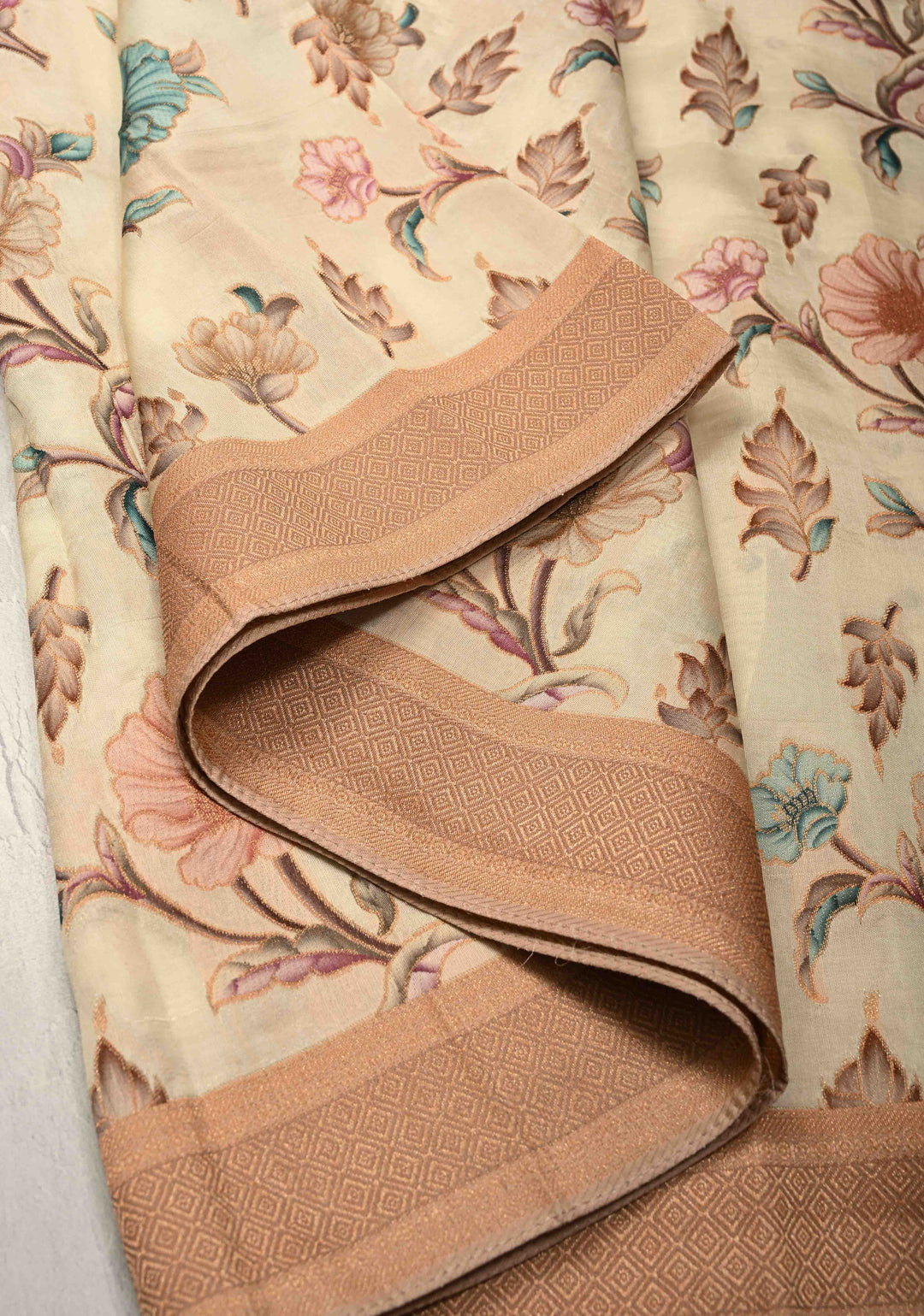 Off White Viscose Saree with Meenakari Floral Jaal and Zari Border