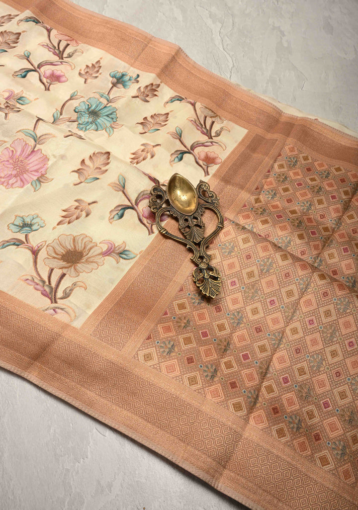 Off White Viscose Saree with Meenakari Floral Jaal and Zari Border