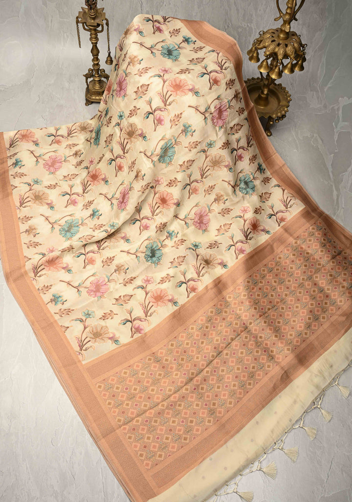 Off White Viscose Saree with Meenakari Floral Jaal and Zari Border