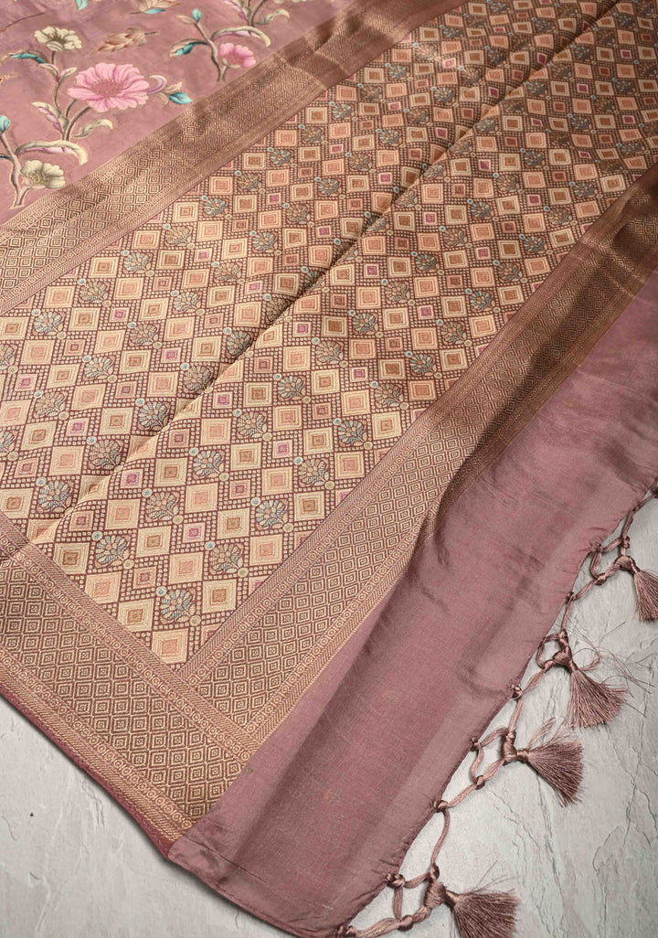Dusty Mauve Viscose Saree with Meenakari Floral Jaal and Zari Border