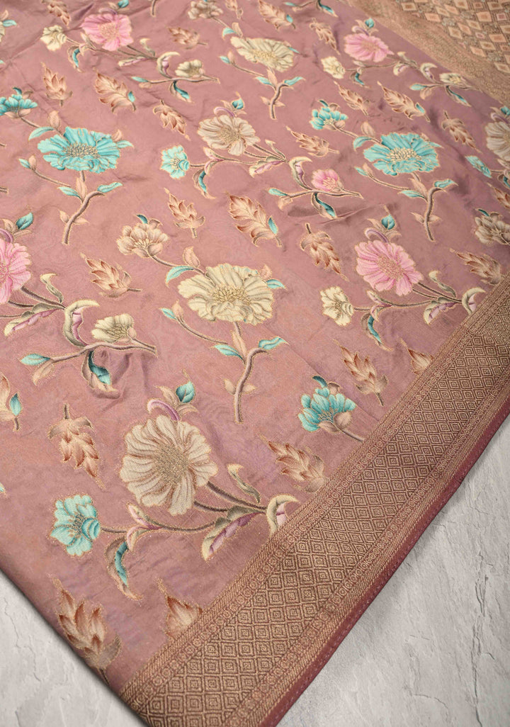 Dusty Mauve Viscose Saree with Meenakari Floral Jaal and Zari Border