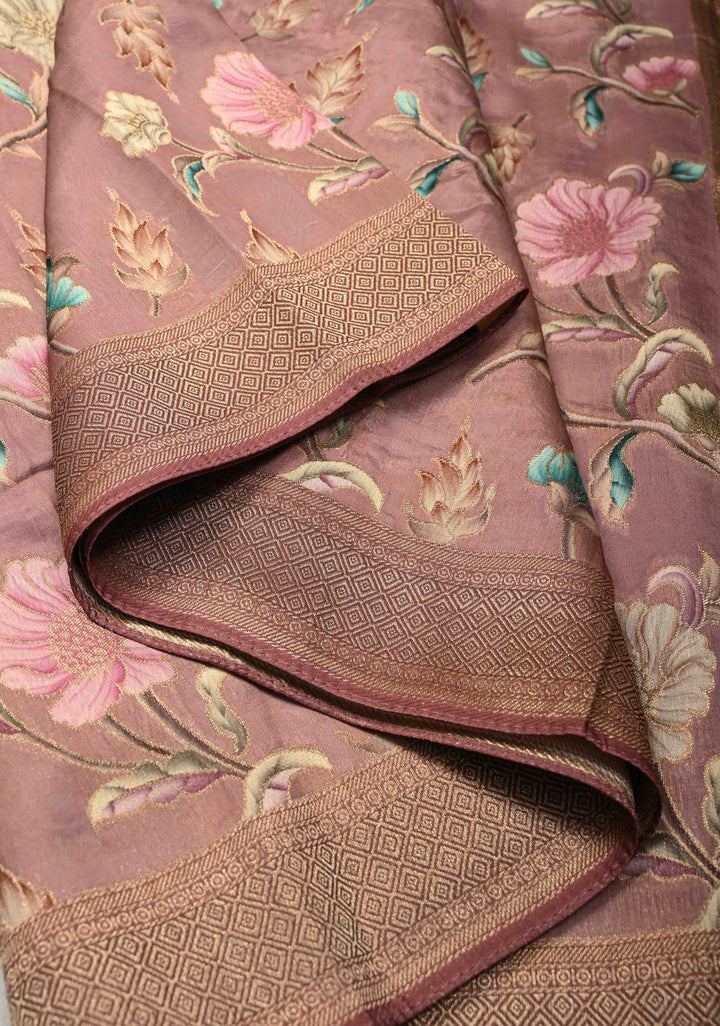 Dusty Mauve Viscose Saree with Meenakari Floral Jaal and Zari Border