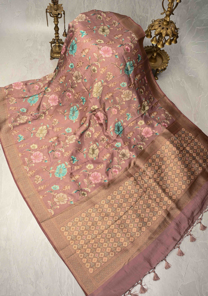 Dusty Mauve Viscose Saree with Meenakari Floral Jaal and Zari Border