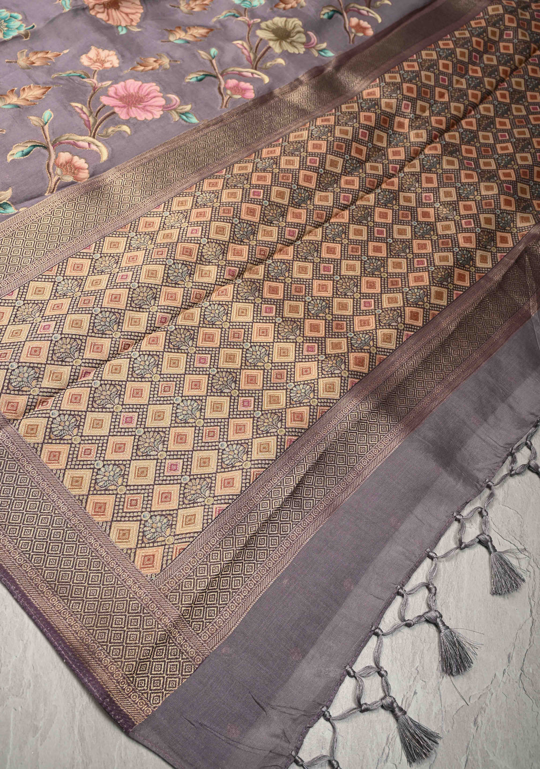 Vintage Mauve Viscose Saree with Meenakari Floral Jaal and Zari Border | SHOBITAM