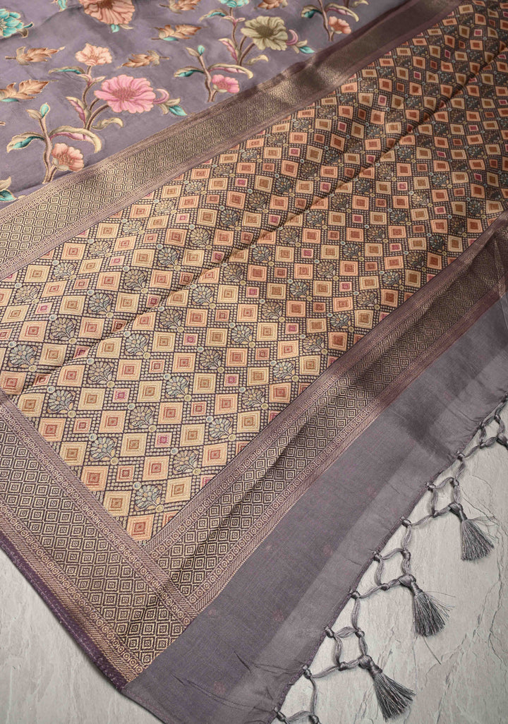 Vintage Mauve Viscose Saree with Meenakari Floral Jaal and Zari Border | SHOBITAM