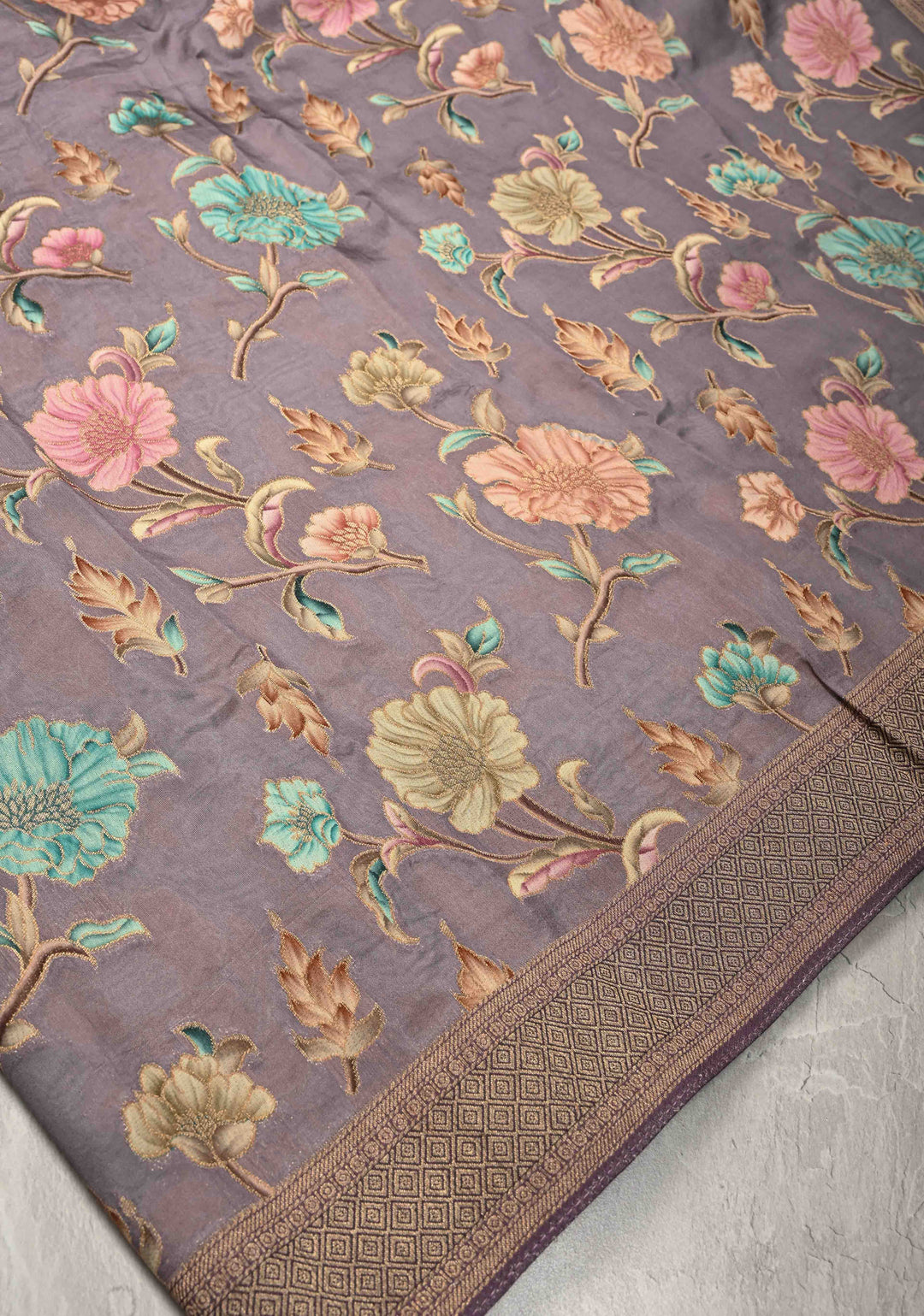 Vintage Mauve Viscose Saree with Meenakari Floral Jaal and Zari Border | SHOBITAM