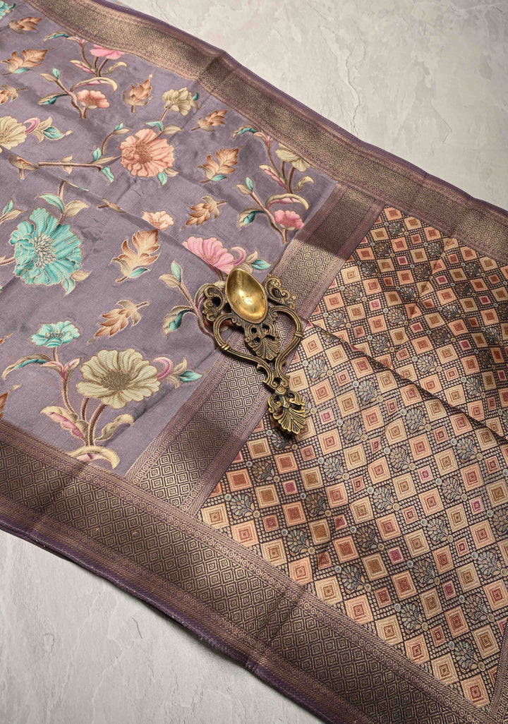 Vintage Mauve Viscose Saree with Meenakari Floral Jaal and Zari Border | SHOBITAM