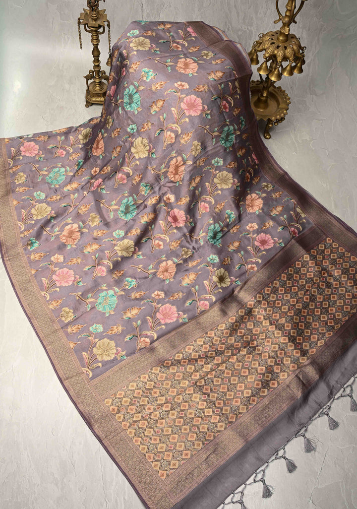 Vintage Mauve Viscose Saree with Meenakari Floral Jaal and Zari Border | SHOBITAM