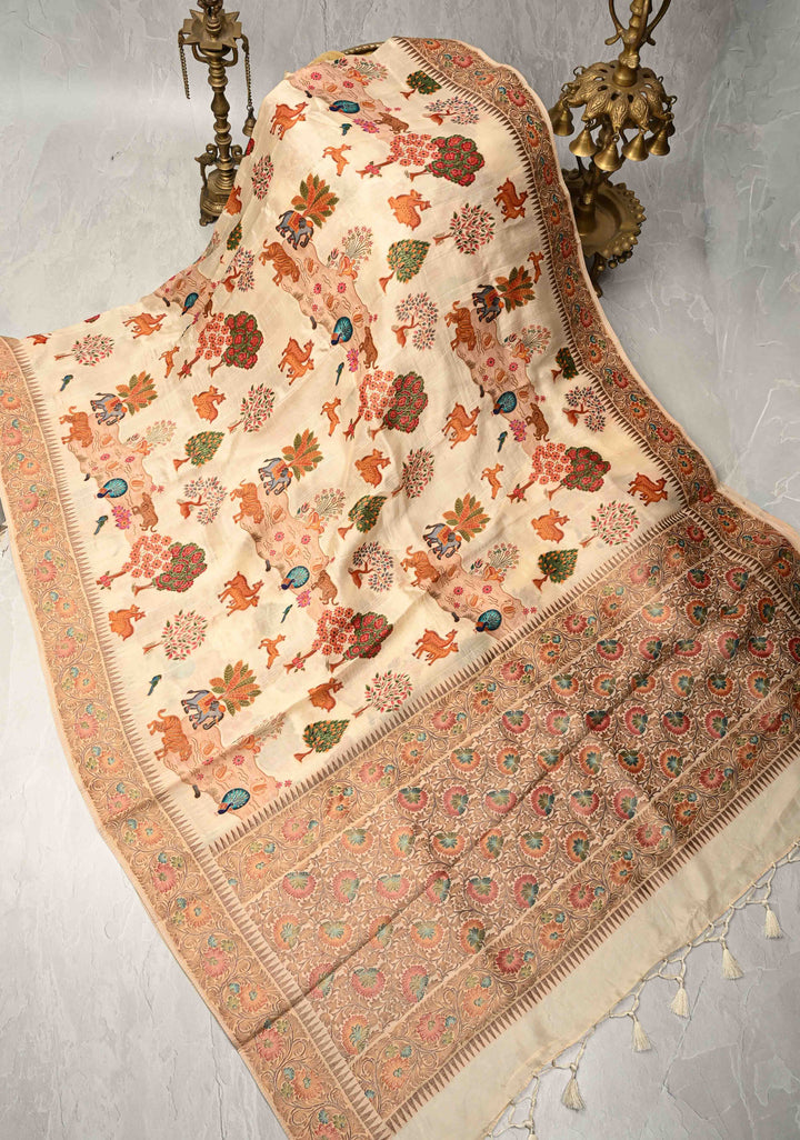 Cream Viscose Saree with Meenakari Shikaargah Brocade and Zari Border