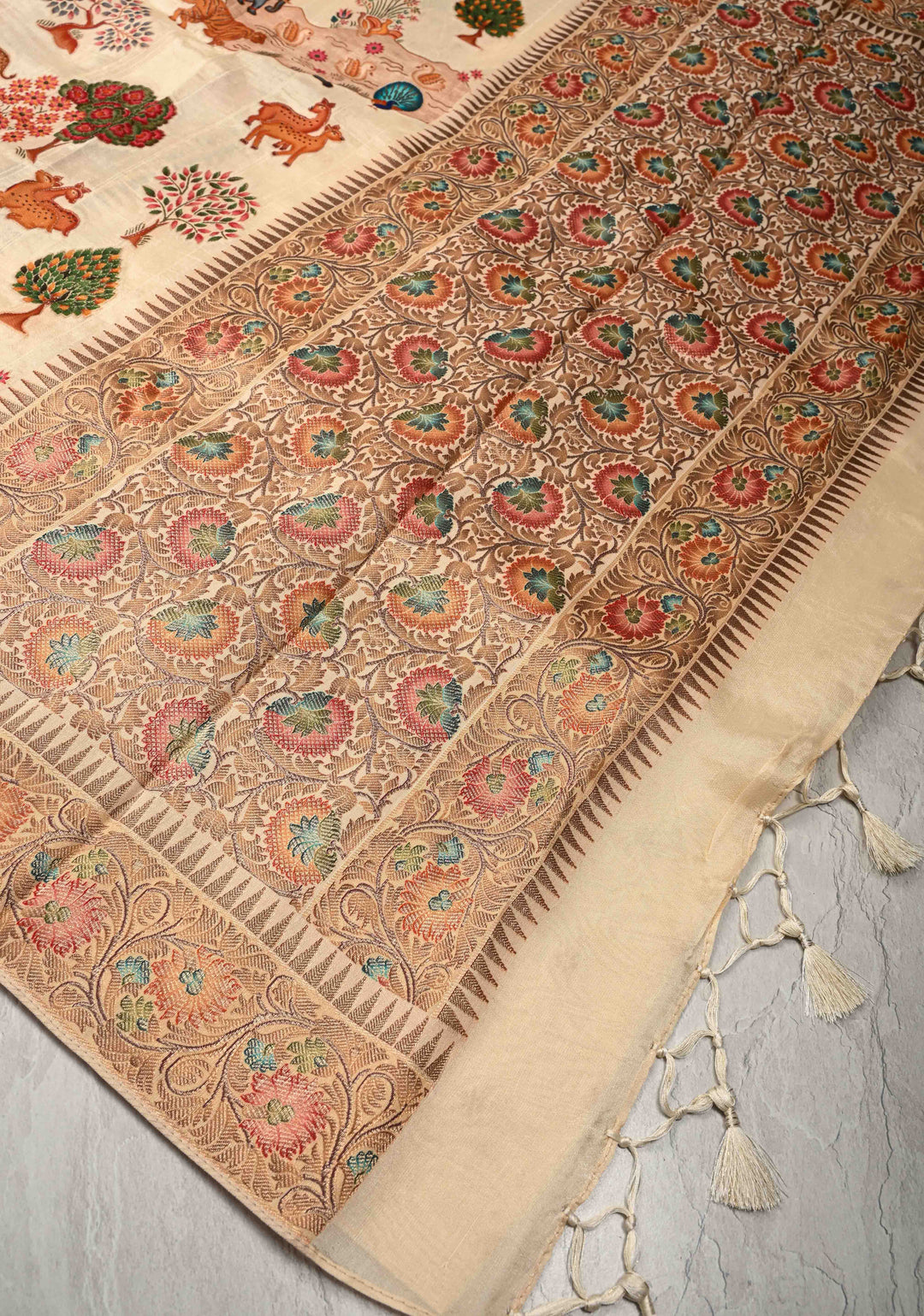Cream Viscose Saree with Meenakari Shikaargah Brocade and Zari Border