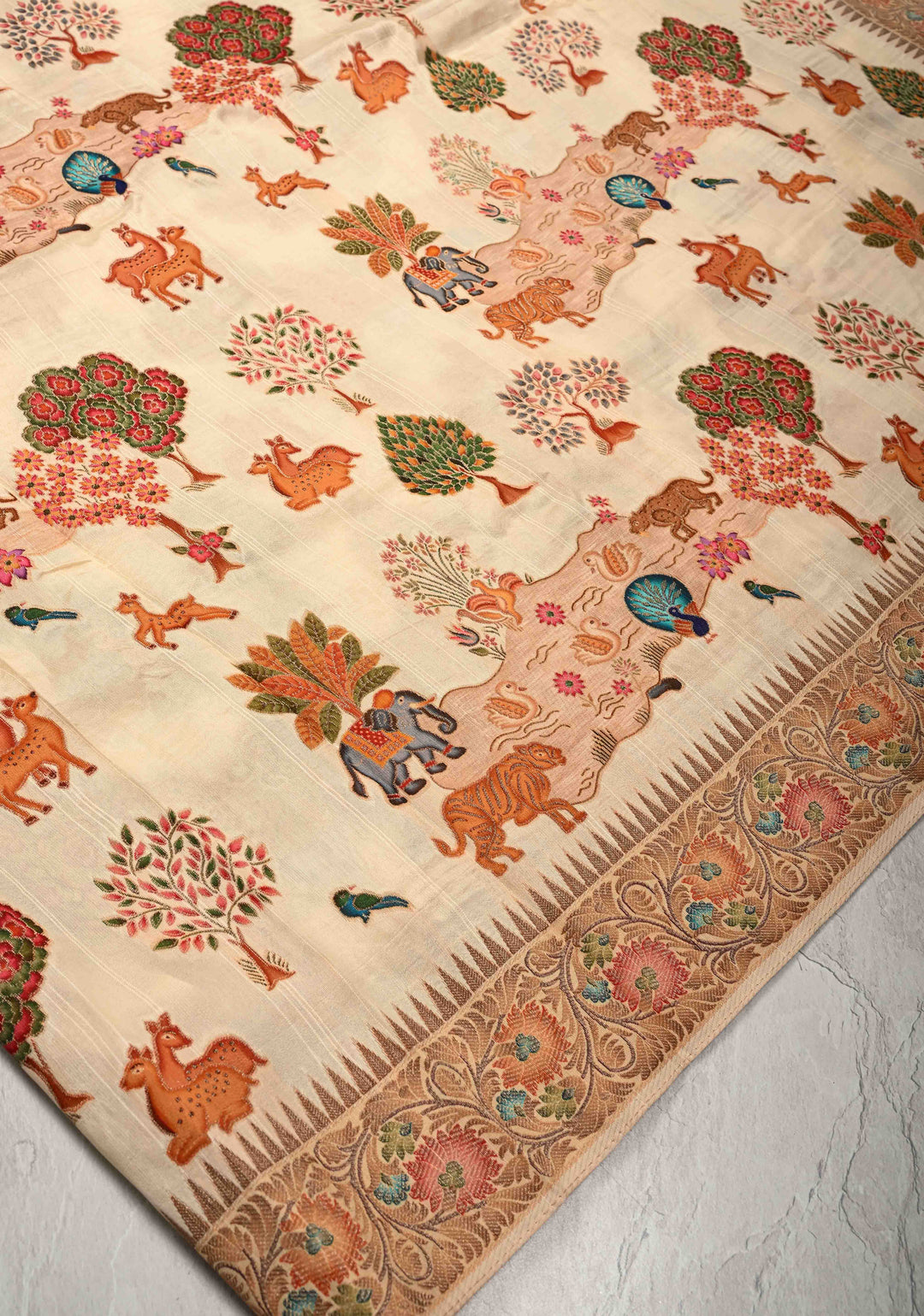 Cream Viscose Saree with Meenakari Shikaargah Brocade and Zari Border