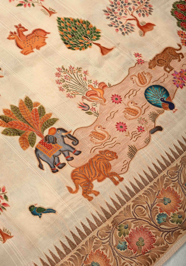 Cream Viscose Saree with Meenakari Shikaargah Brocade and Zari Border