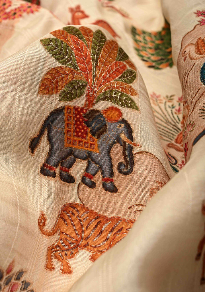 Cream Viscose Saree with Meenakari Shikaargah Brocade and Zari Border