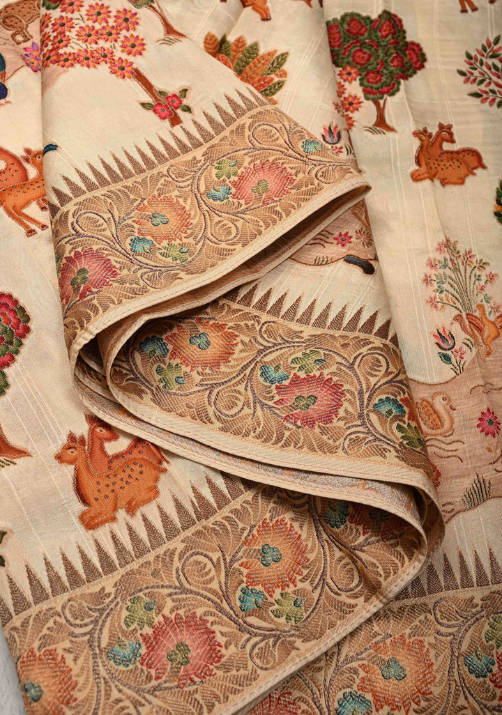Cream Viscose Saree with Meenakari Shikaargah Brocade and Zari Border
