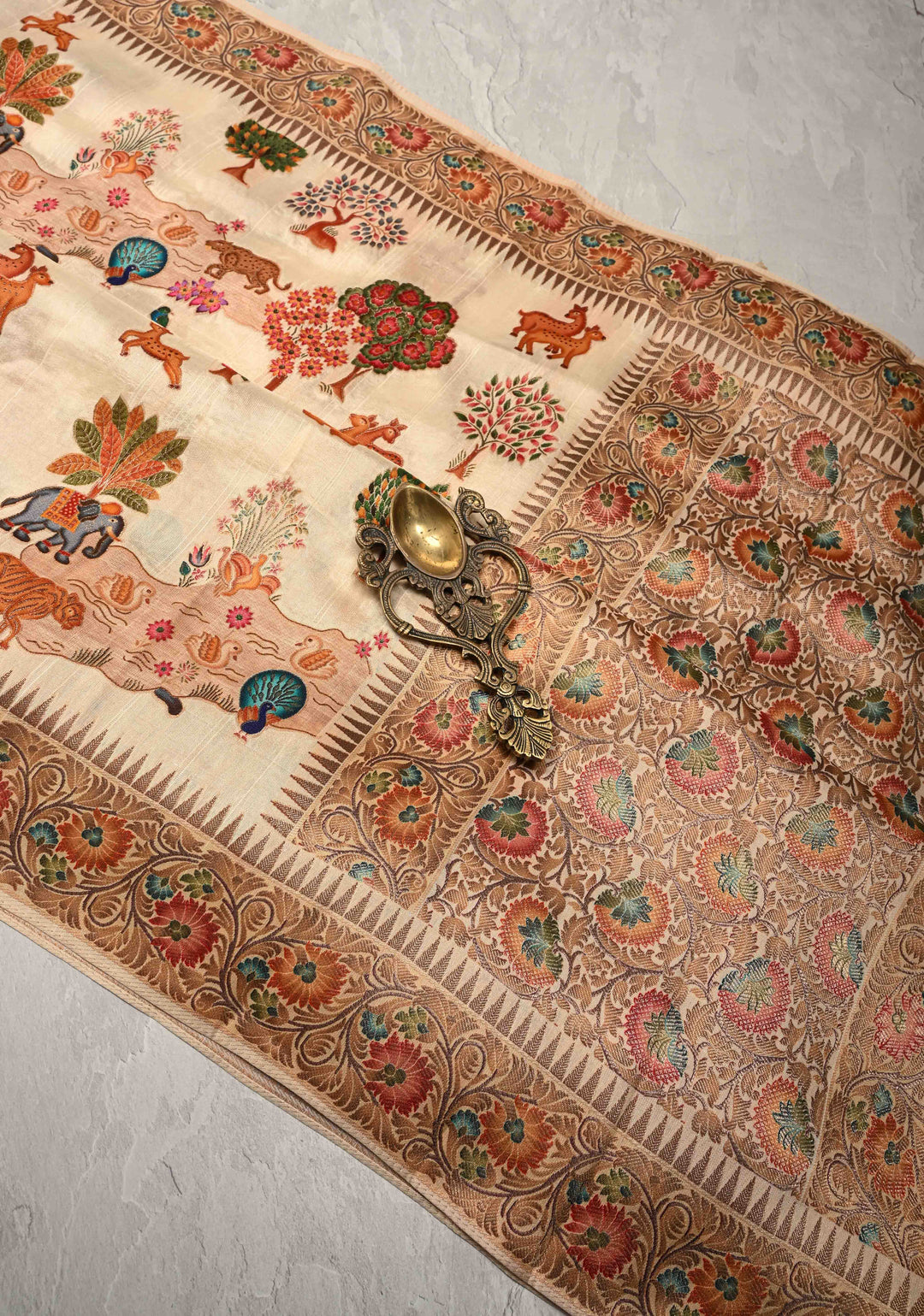 Cream Viscose Saree with Meenakari Shikaargah Brocade and Zari Border