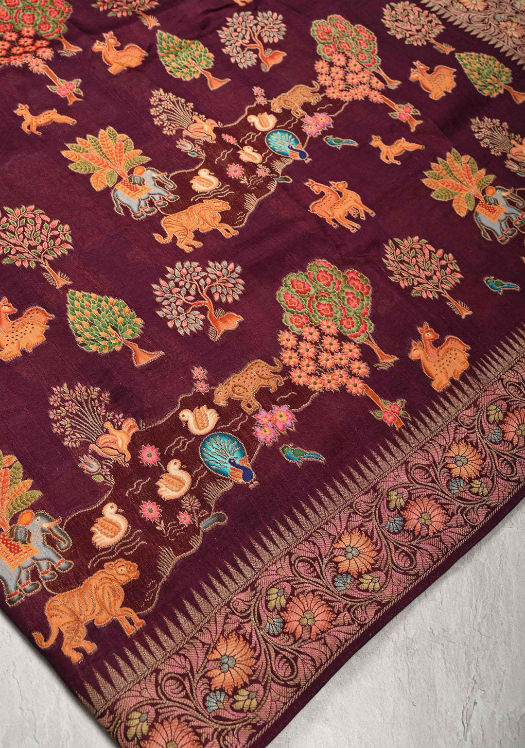 Plum Viscose Saree with Meenakari Shikaargah Brocade and Zari Border