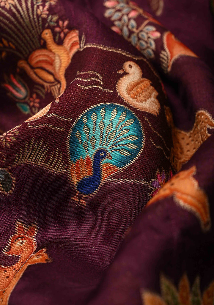 Plum Viscose Saree with Meenakari Shikaargah Brocade and Zari Border