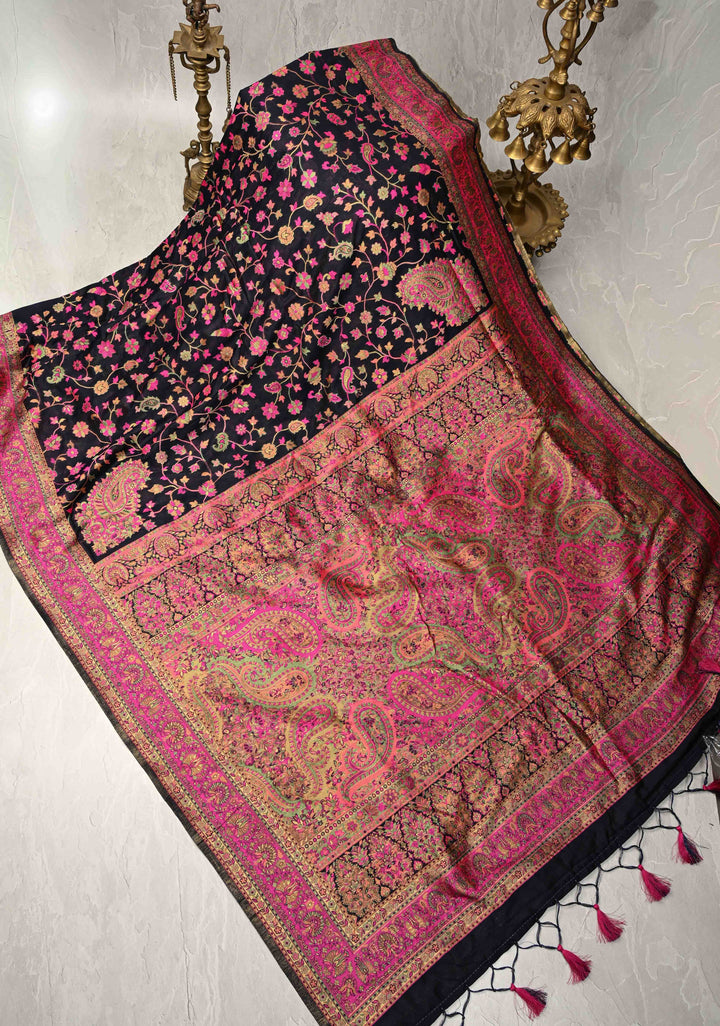 Black Meenakari Floral Jaal on Rayon Saree with Kani Design and Koniya Motifs