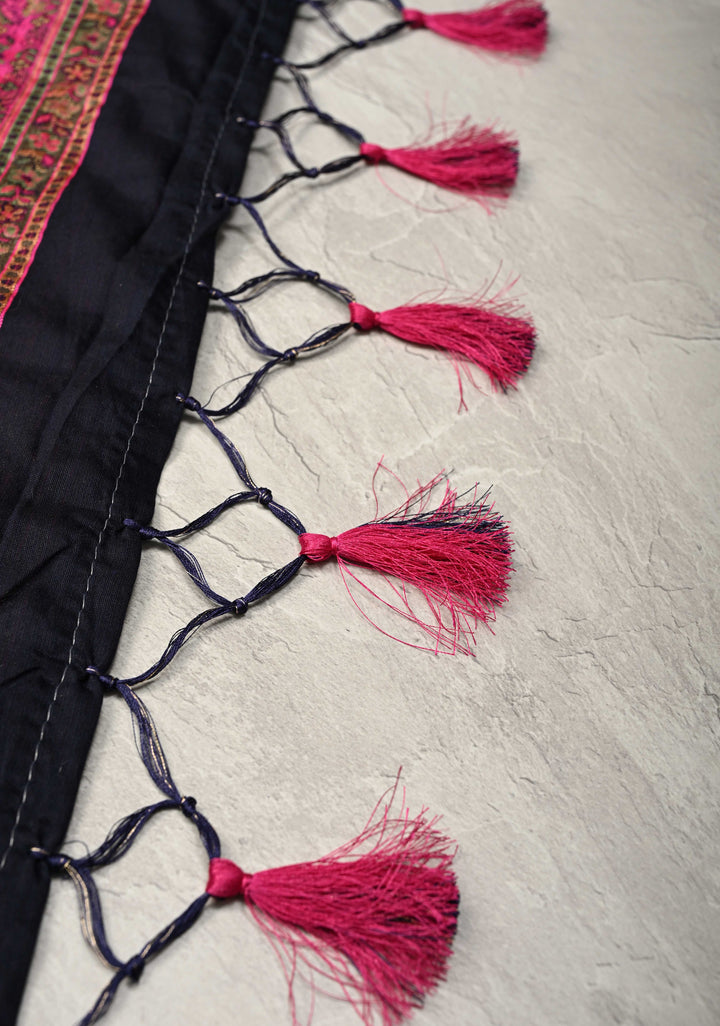 Black Meenakari Floral Jaal on Rayon Saree with Kani Design and Koniya Motifs