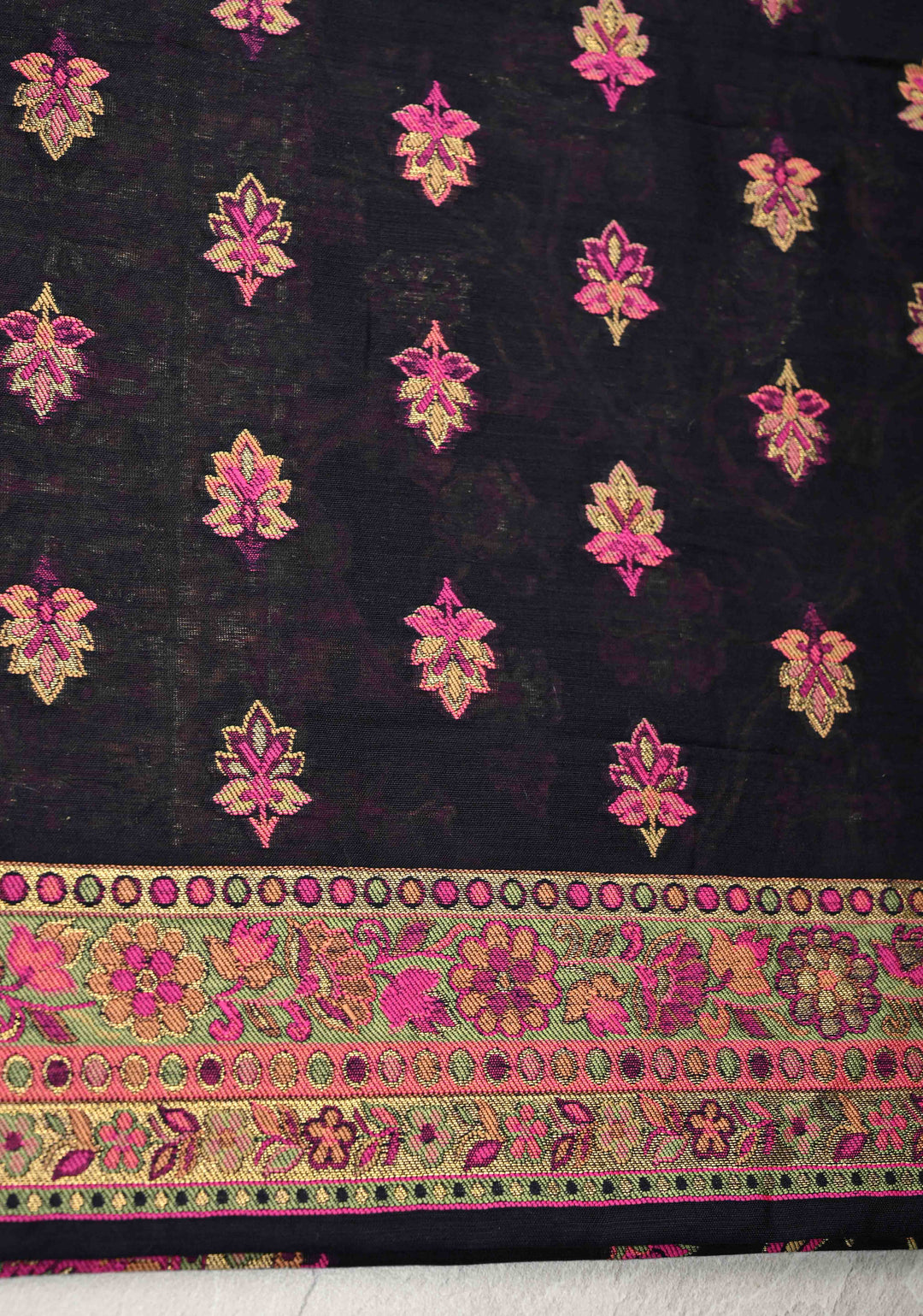 Black Meenakari Floral Jaal on Rayon Saree with Kani Design and Koniya Motifs