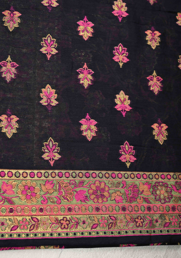 Black Meenakari Floral Jaal on Rayon Saree with Kani Design and Koniya Motifs