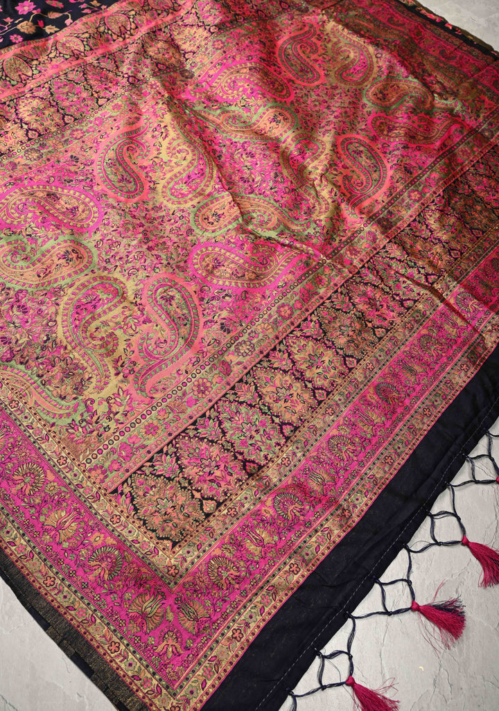 Black Meenakari Floral Jaal on Rayon Saree with Kani Design and Koniya Motifs