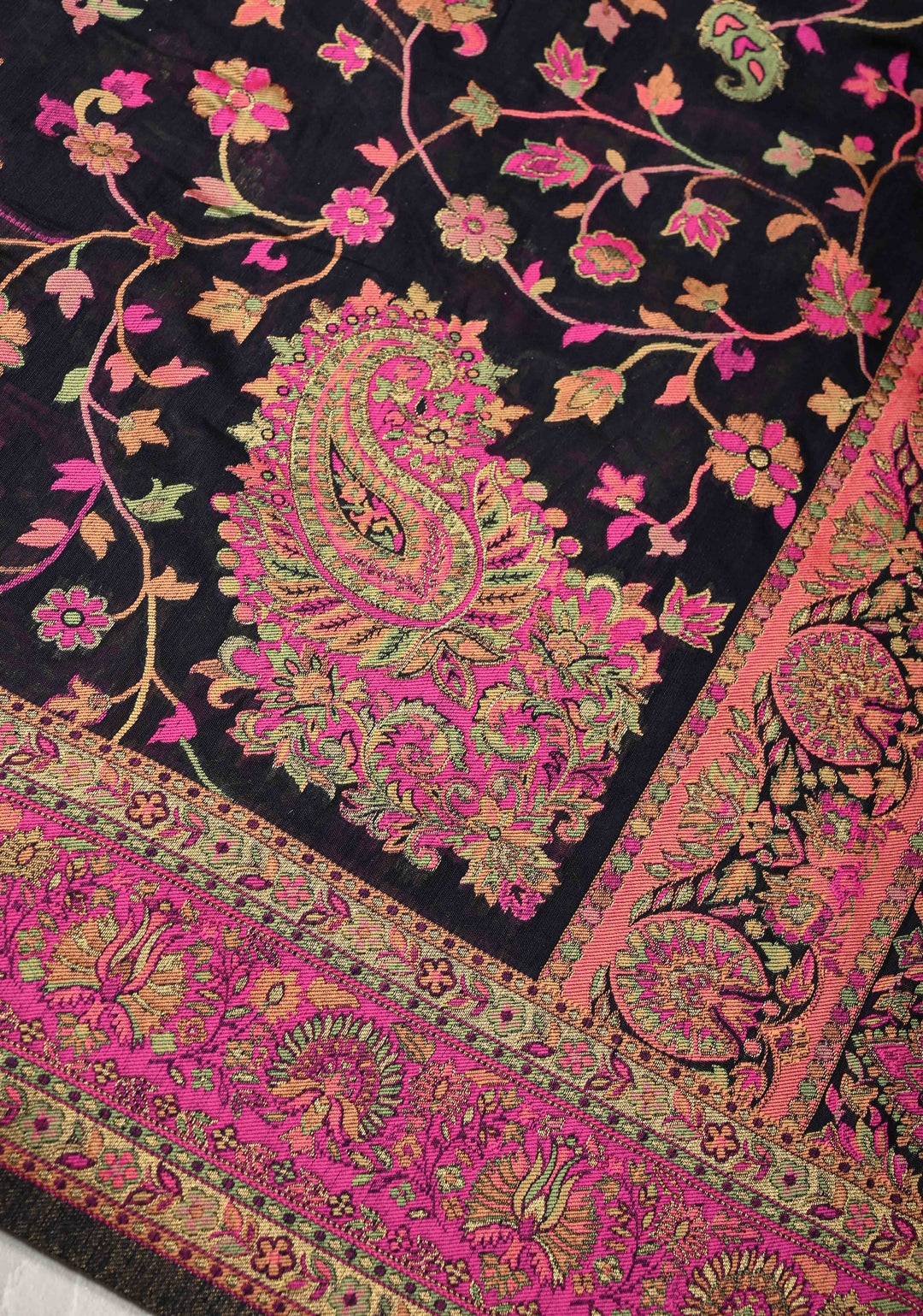 Black Meenakari Floral Jaal on Rayon Saree with Kani Design and Koniya Motifs