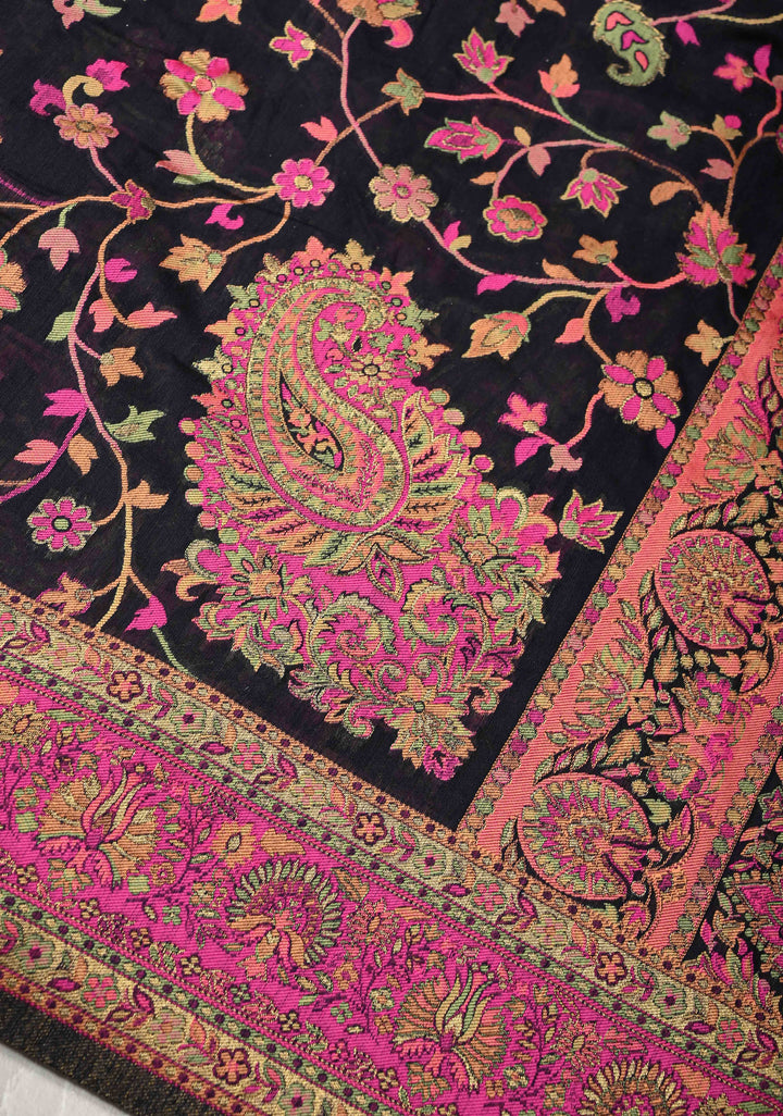Black Meenakari Floral Jaal on Rayon Saree with Kani Design and Koniya Motifs