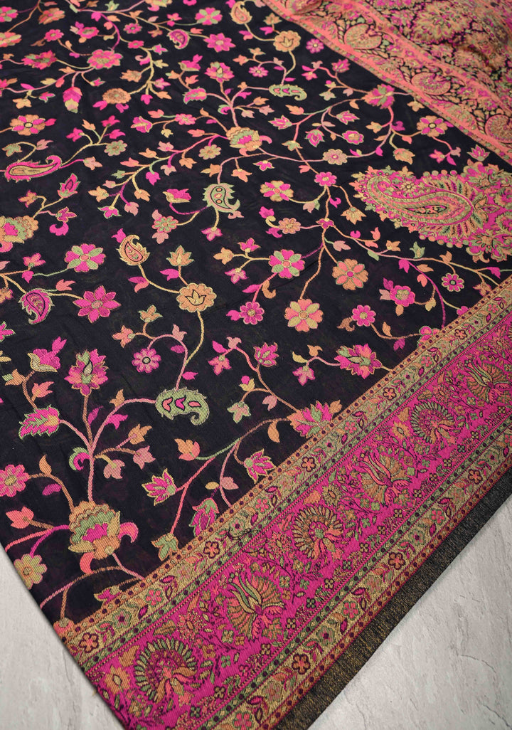 Black Meenakari Floral Jaal on Rayon Saree with Kani Design and Koniya Motifs