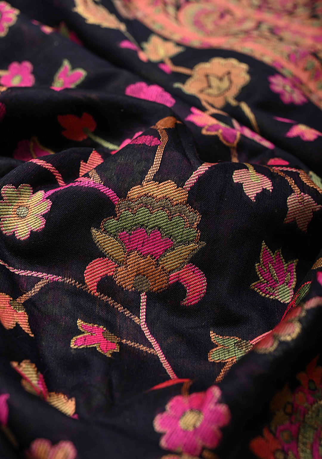 Black Meenakari Floral Jaal on Rayon Saree with Kani Design and Koniya Motifs