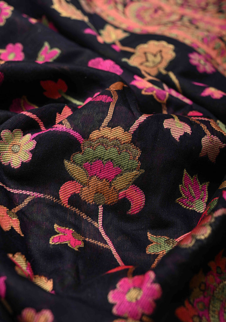 Black Meenakari Floral Jaal on Rayon Saree with Kani Design and Koniya Motifs