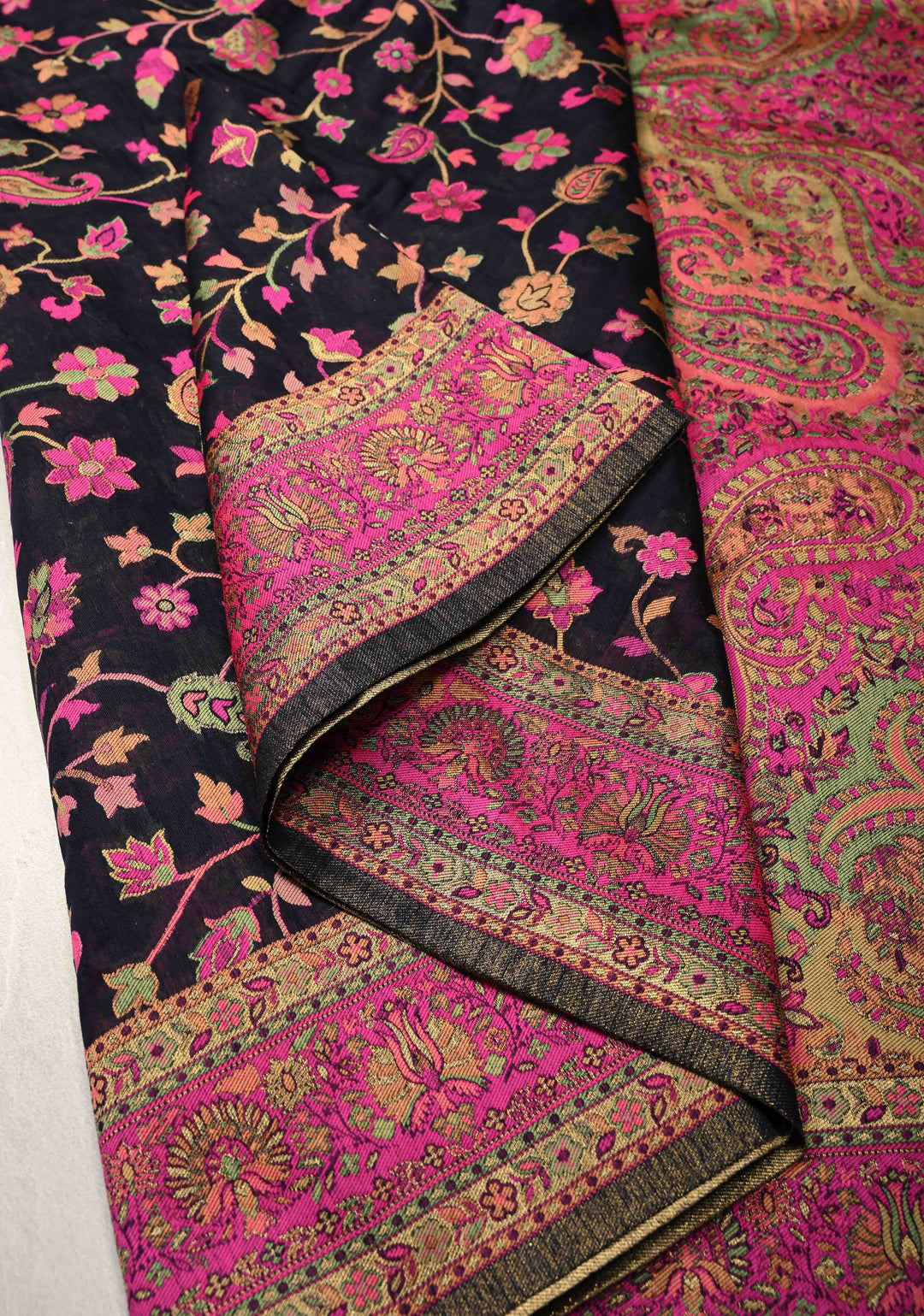 Black Meenakari Floral Jaal on Rayon Saree with Kani Design and Koniya Motifs