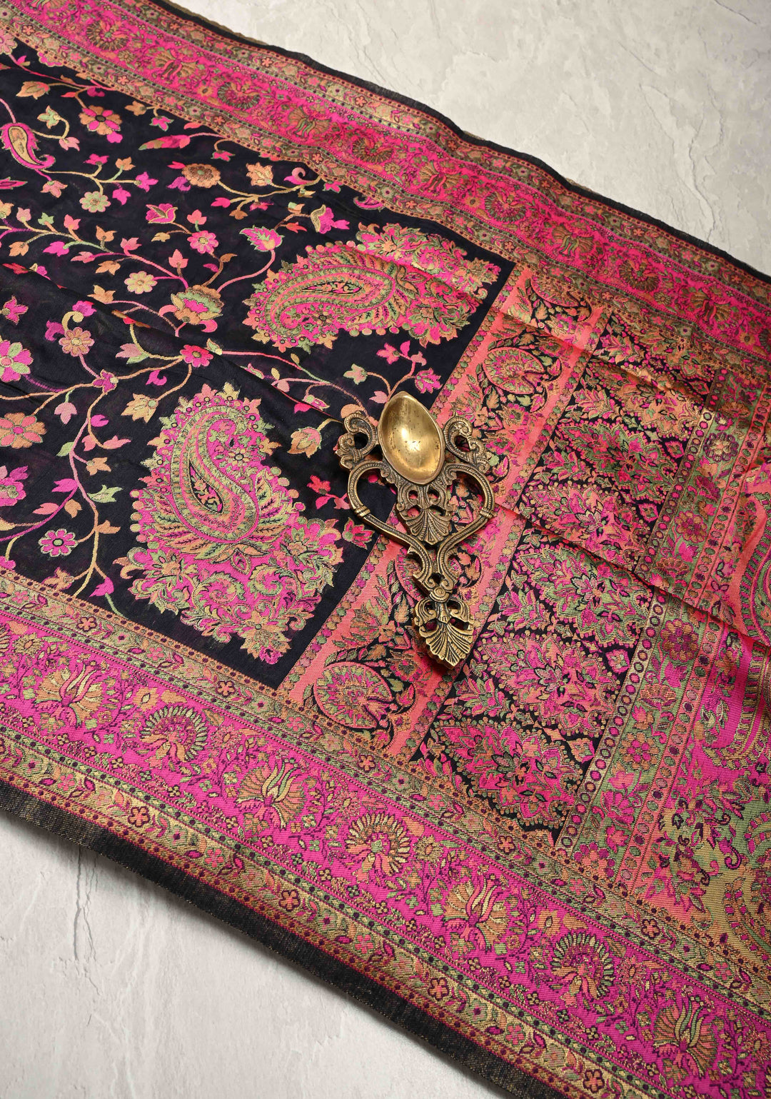 Black Meenakari Floral Jaal on Rayon Saree with Kani Design and Koniya Motifs
