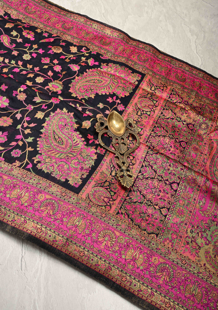 Black Meenakari Floral Jaal on Rayon Saree with Kani Design and Koniya Motifs