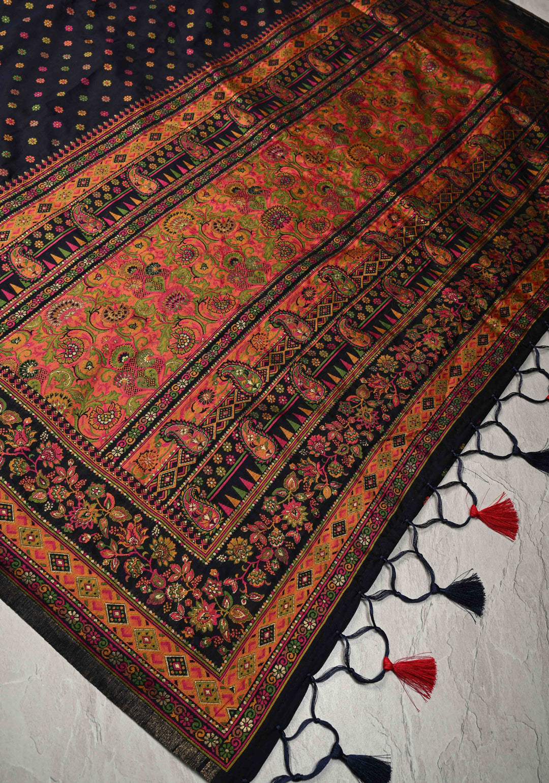 Deep Midnight Blue Rayon Saree with Meenakari Chunri Buttis and Kani Design