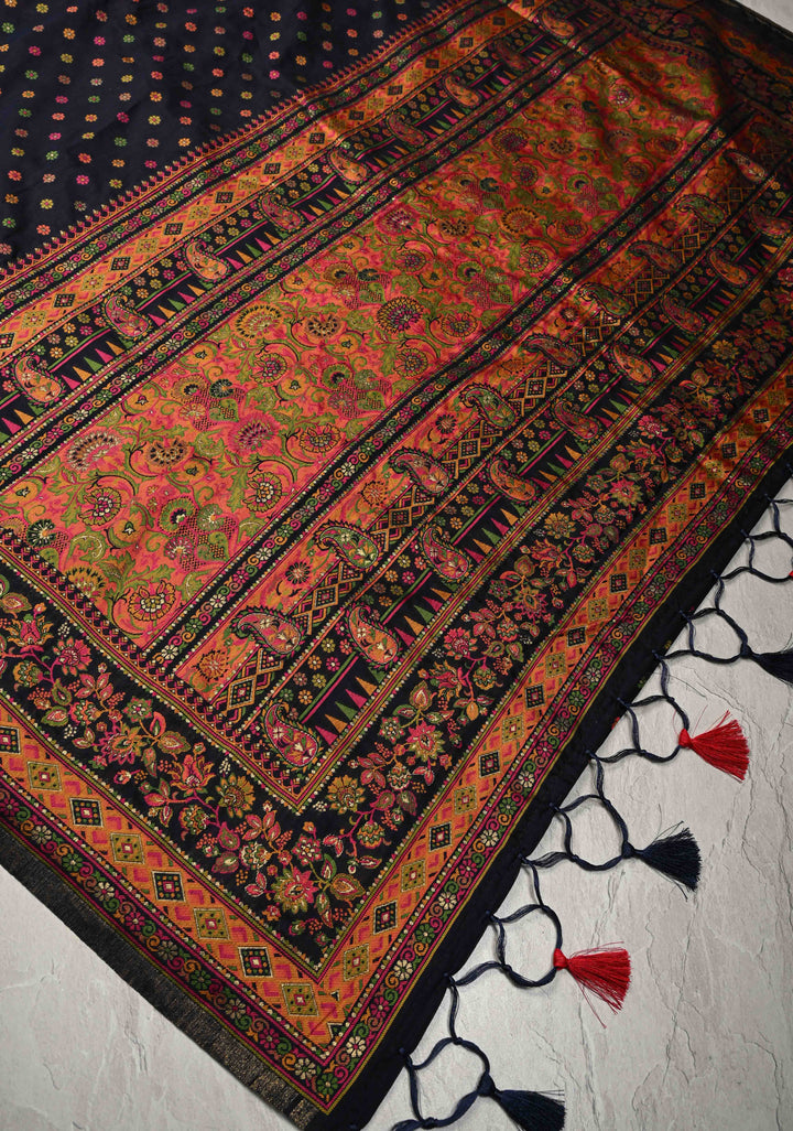 Deep Midnight Blue Rayon Saree with Meenakari Chunri Buttis and Kani Design