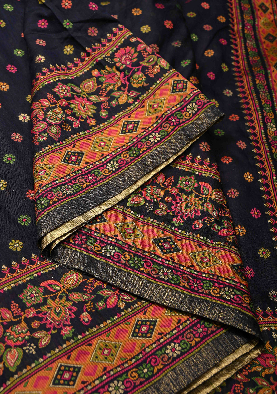 Deep Midnight Blue Rayon Saree with Meenakari Chunri Buttis and Kani Design