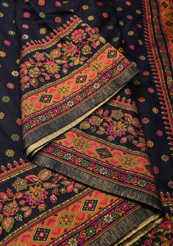 Deep Midnight Blue Rayon Saree with Meenakari Chunri Buttis and Kani Design