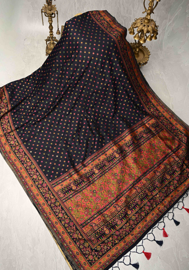 Deep Midnight Blue Rayon Saree with Meenakari Chunri Buttis and Kani Design