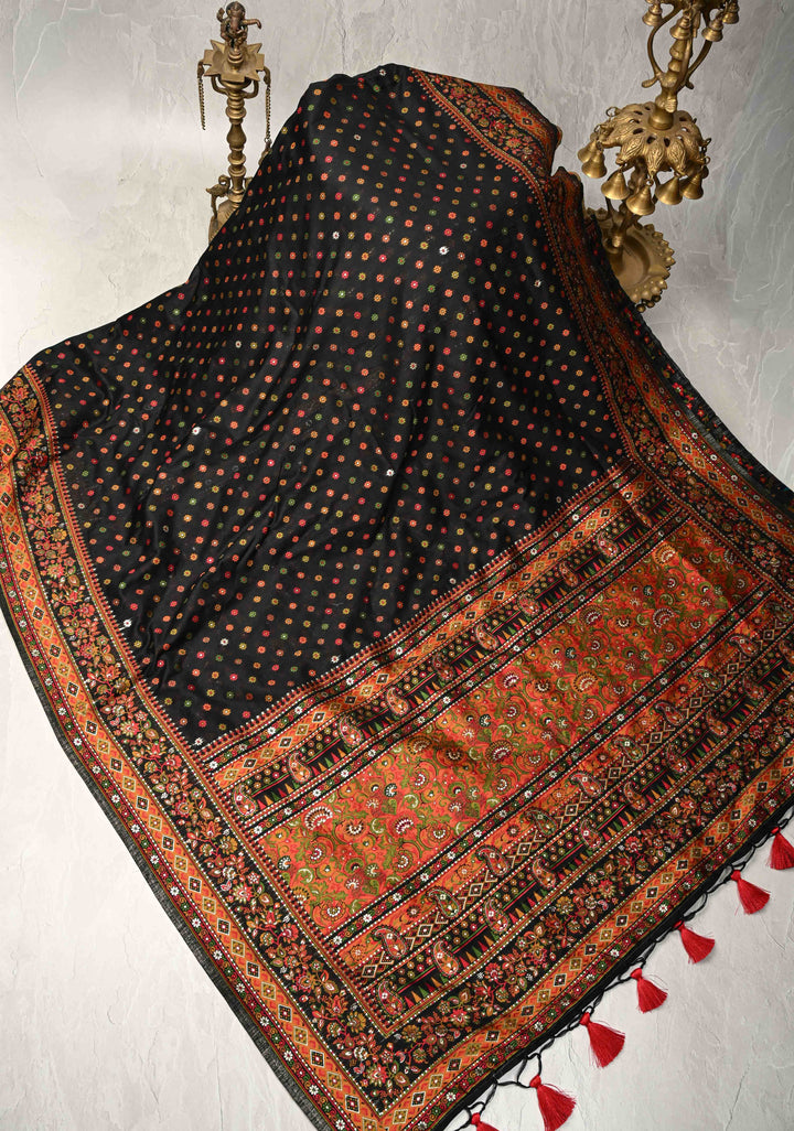 Black Rayon Saree with Meenakari Chunri Buttis and Kani Design