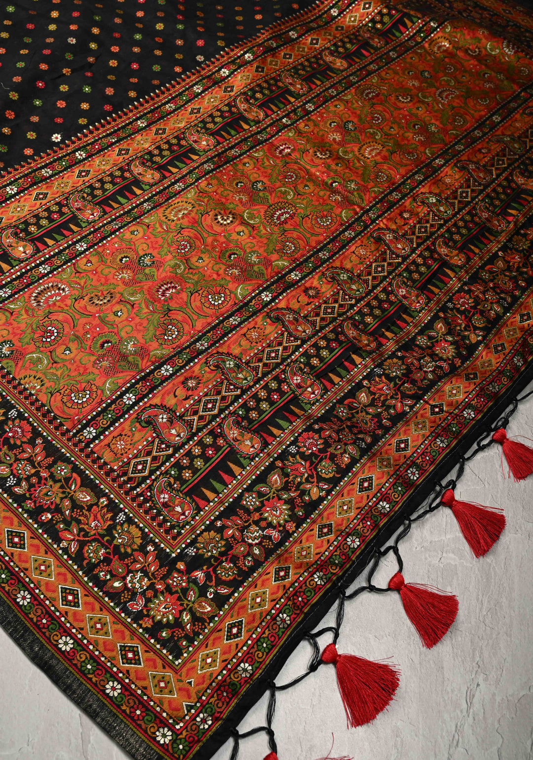 Black Rayon Saree with Meenakari Chunri Buttis and Kani Design