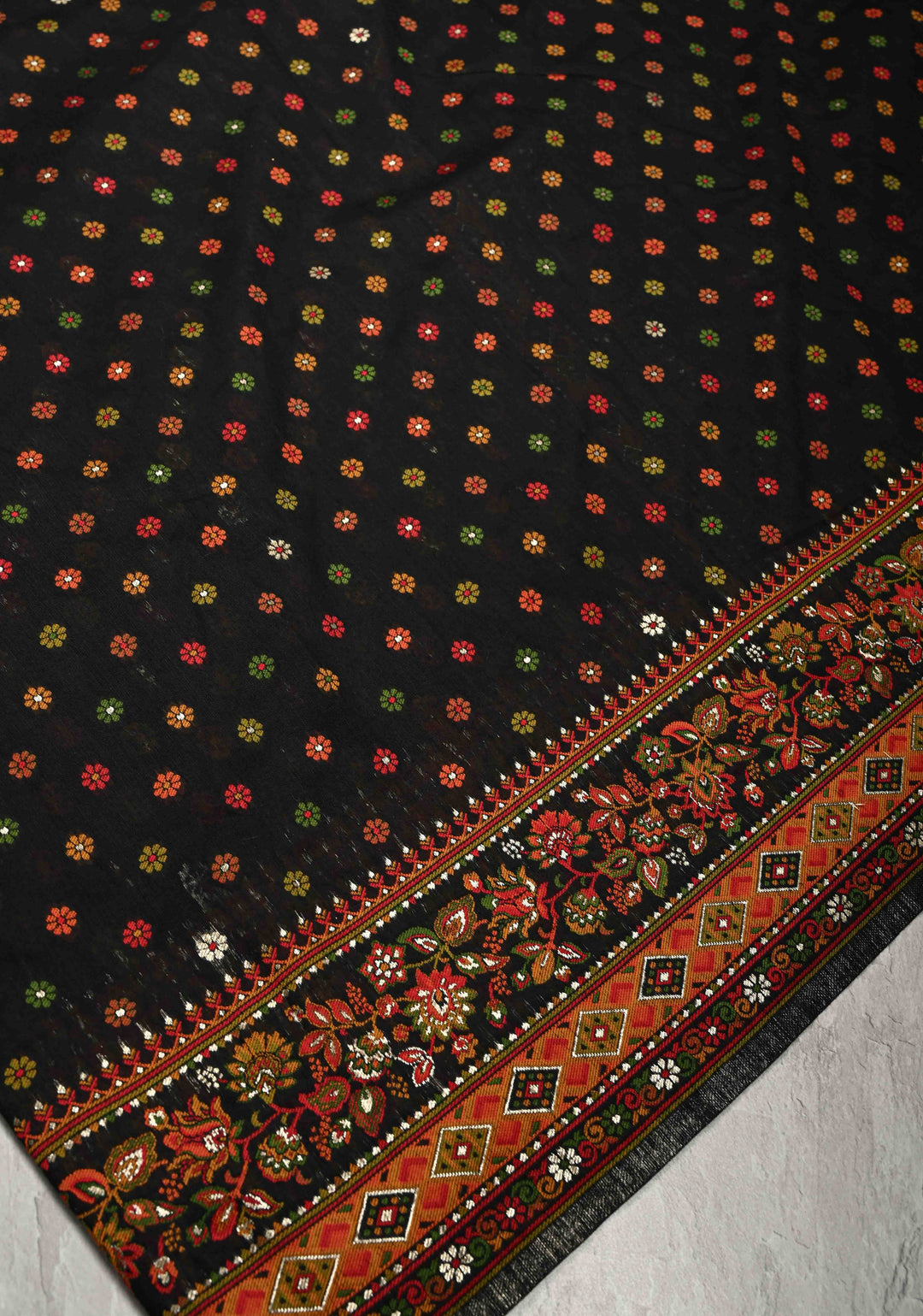 Black Rayon Saree with Meenakari Chunri Buttis and Kani Design