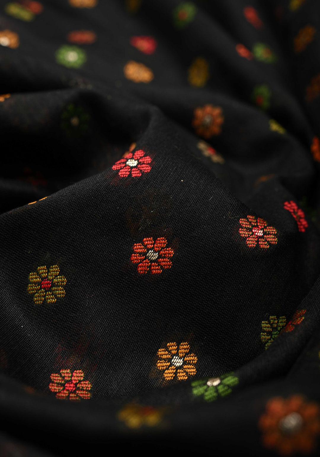 Black Rayon Saree with Meenakari Chunri Buttis and Kani Design