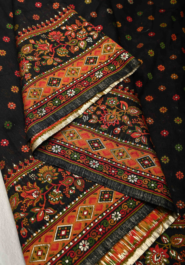 Black Rayon Saree with Meenakari Chunri Buttis and Kani Design