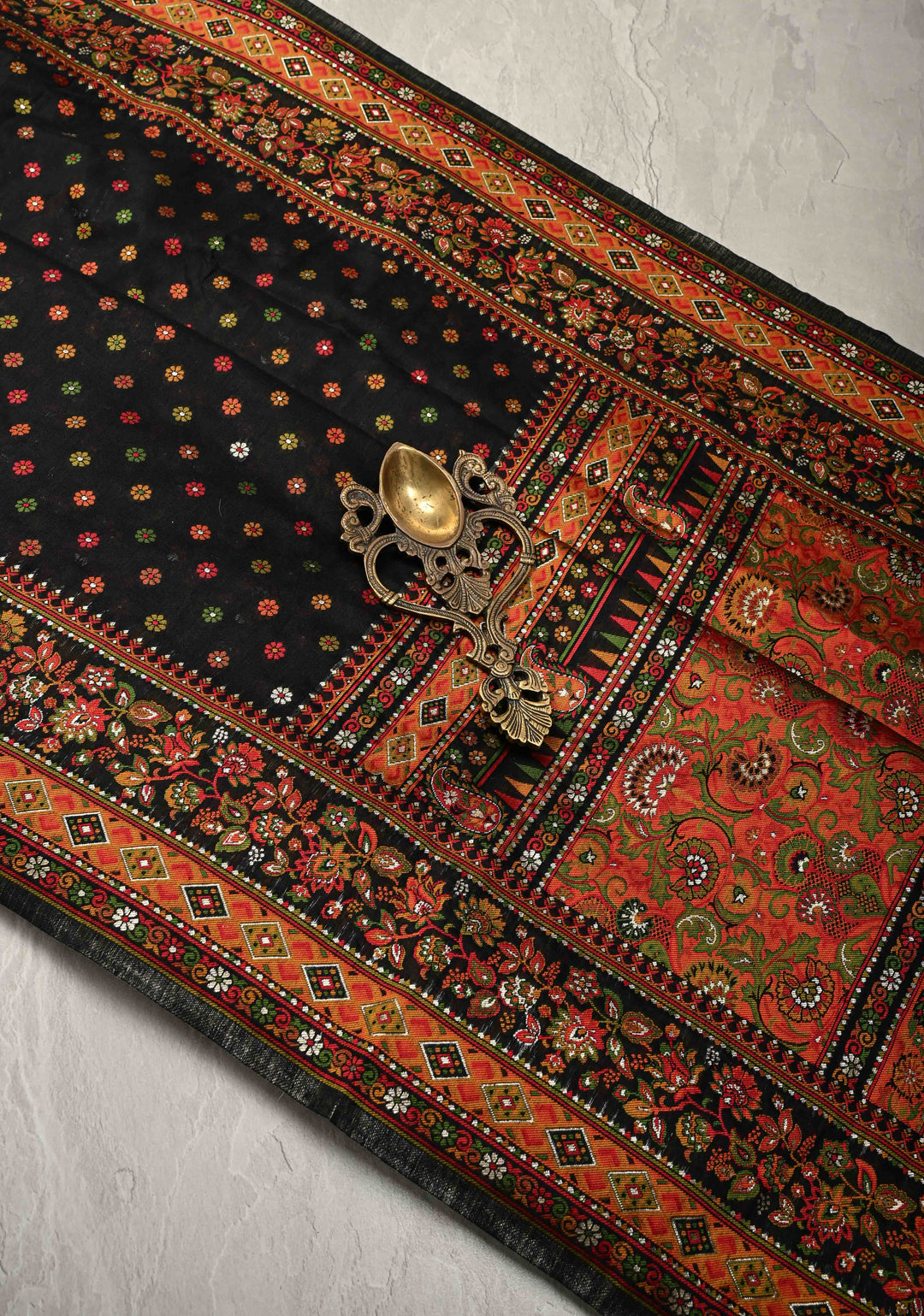 Black Rayon Saree with Meenakari Chunri Buttis and Kani Design