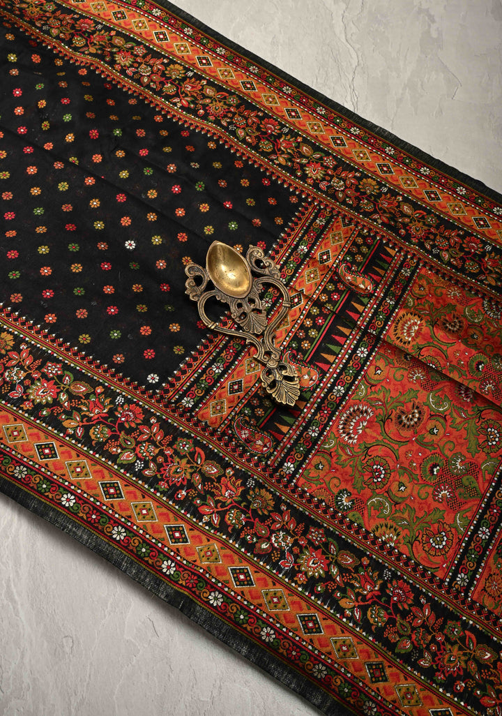 Black Rayon Saree with Meenakari Chunri Buttis and Kani Design