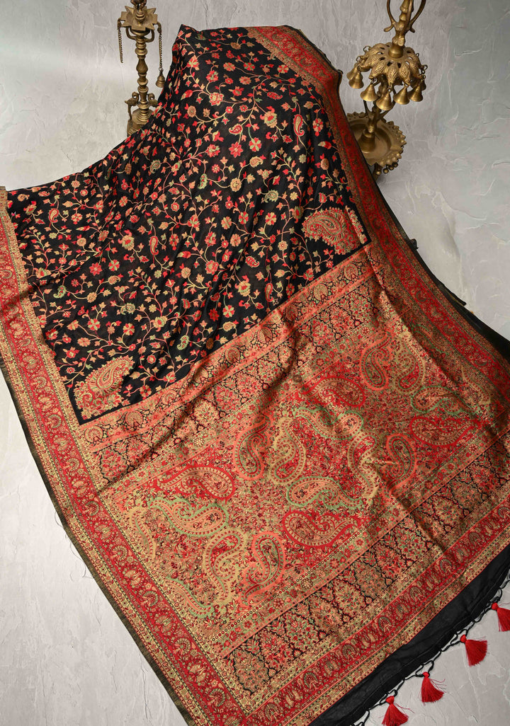 Black Meenakari Floral Jaal on Rayon Saree with Kani Design and Koniya Motifs