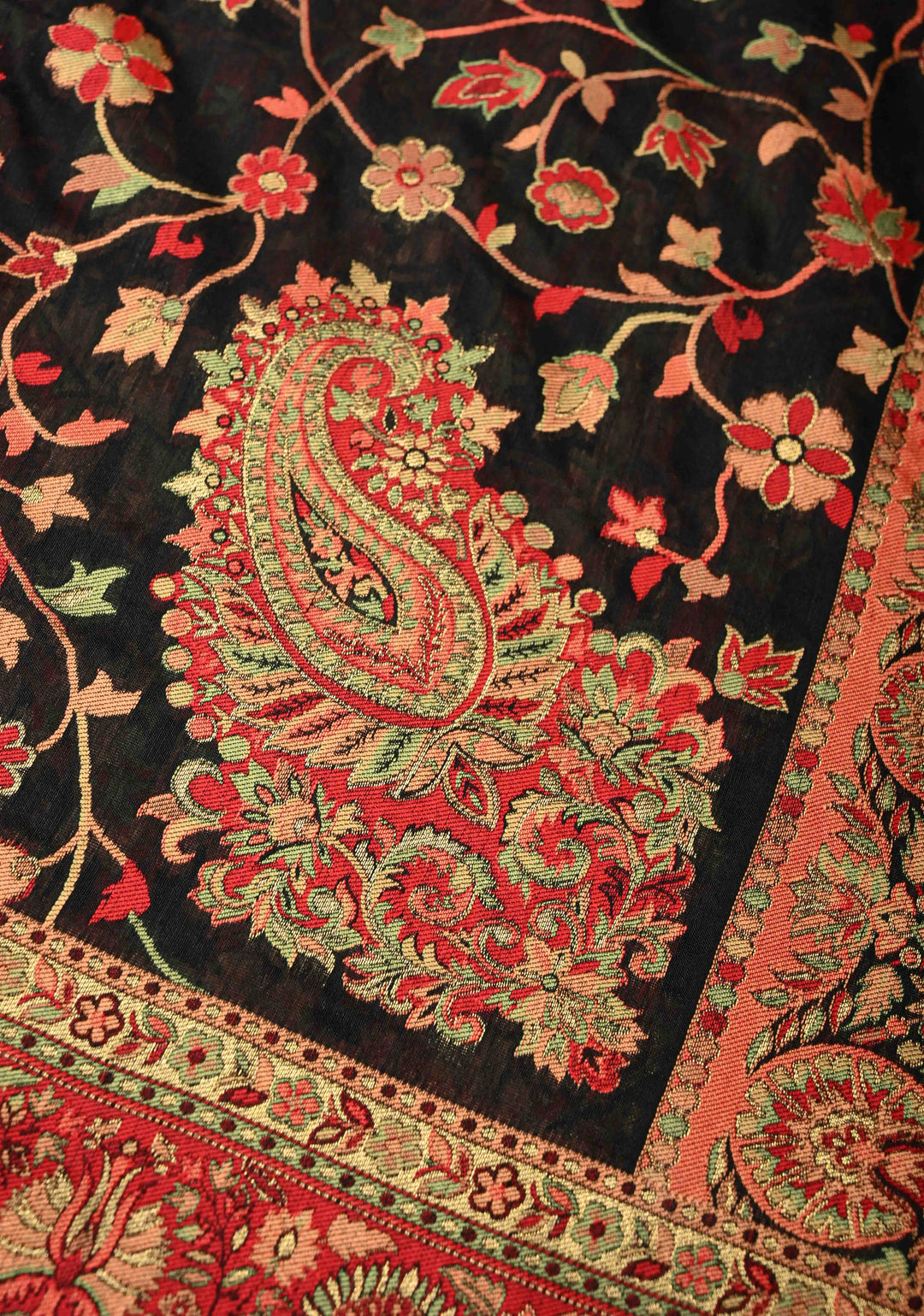 Black Meenakari Floral Jaal on Rayon Saree with Kani Design and Koniya Motifs